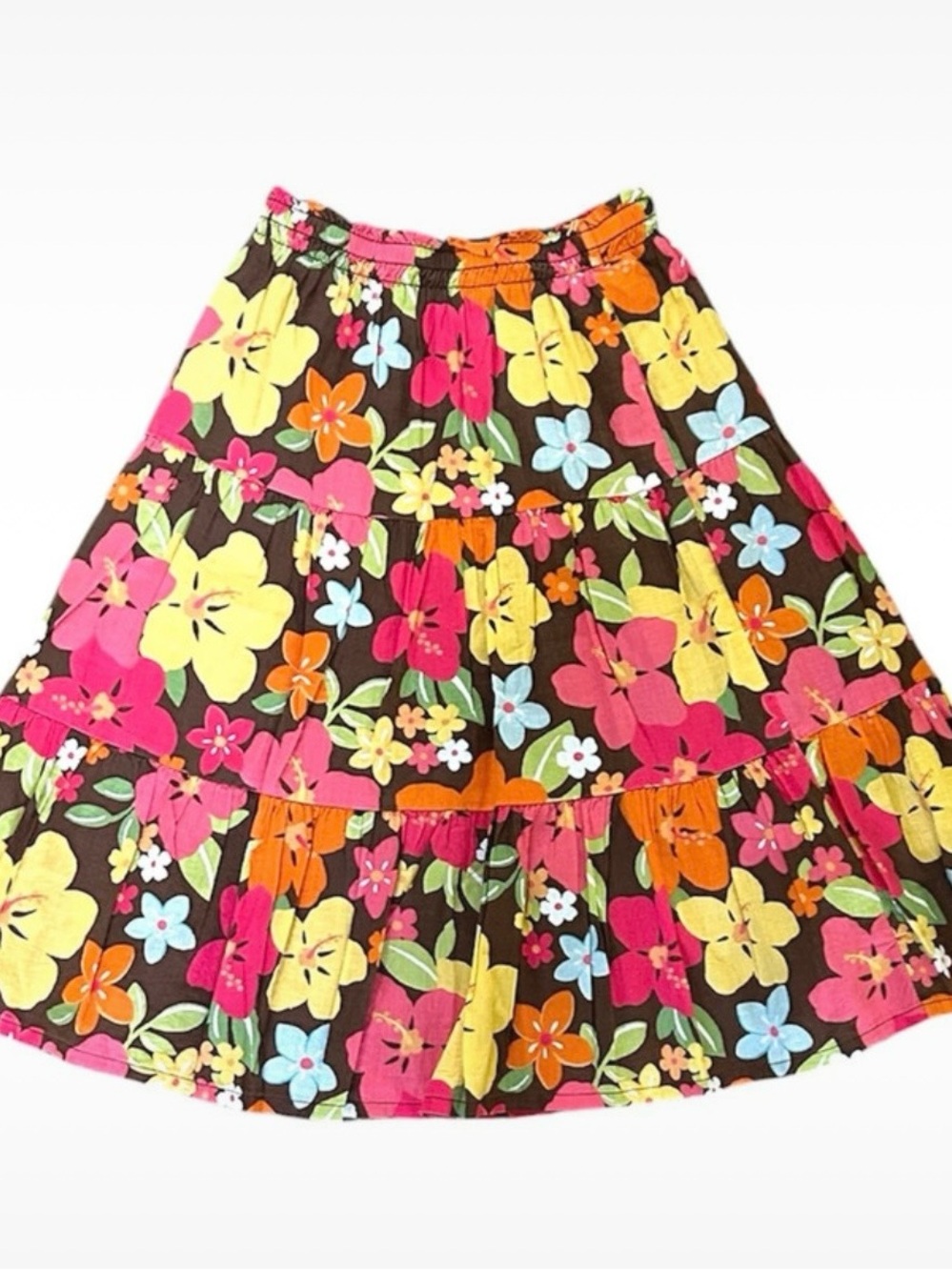 Gymboree Brown Floral Tiered Skirt with Pink, Yellow, Orange & Blue Flowers